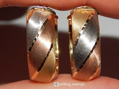 14K YELLOW ROSE WHITE GOLD MILOR ITALIAN MATTE 9/10 INCH LEVERBACK HOOP EARRINGS - Image 1 of 4