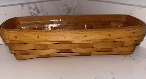 Small Longaberger Bread Cracker Basket Long Signed and 1995 W Plastic Insert Cover