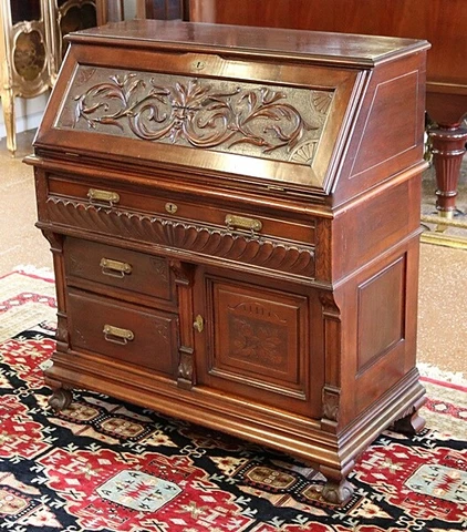 Antique RJ Horner Attrb Mahogany Carved Slant Front Desk Cover