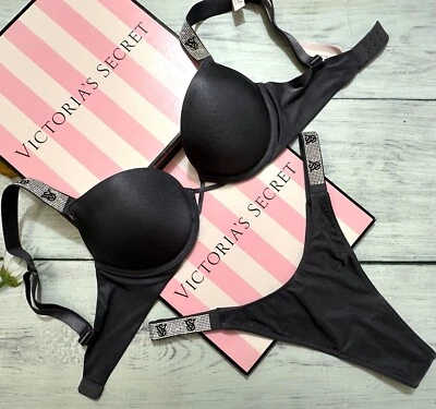 Victoria's Secret Brillo Correa Suave Bombshell Push Up Sujetador Tanga Conjunto Gris Foto 1 de 4
