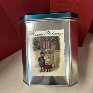 VIntage Happy Holidays Christmas Tin Victorian Children Silver Turquoise 5x5x6 - Picture 1 of 9