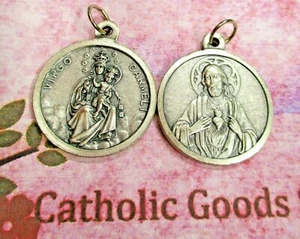 Our Lady of Mt. Carmel + Sacred Heart - Italian Silver Tone OX 1 1/4" Medal - Picture 1 of 4