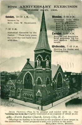 North Baptist Church 40th Anniversary Jersey City NJ Postcard Posted 1905 - Image 1 of 2