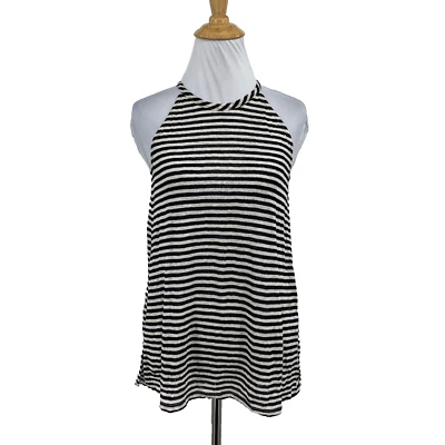 Joie Tank Top Womens XS Extra Small Black Ivory Linen Striped Odelia Slub Halter - Image 1 of 4