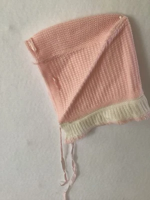 Vintage Pink And White Hand Knitted Baby Bonnet - Image 1 of 4