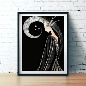 Art Deco Moon Goddess Poster – Black and Silver Wall Art Fashion Print - Picture 1 of 5