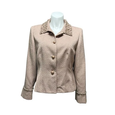 Adrianna Papell Women’s 16 Jacket Beige Long Sleeve Pearl Beaded Button Blazer - Image 1 of 4