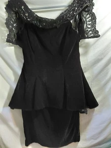 Vtg 80's Karen Lucas For Nikki Size 10 Blk Sheath Velvet Dress Peplum Over Skirt - Picture 1 of 20