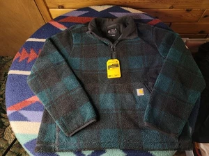 Carhartt Pullover Mens Large Sherpa Fleece Green Plaid Loose Fit OJ6443-M - Picture 1 of 7