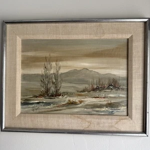 Wilson Original Oil Painting on Canvas MOUNTAIN RANGE WINTER SNOW COVERED FIELD - Picture 1 of 21