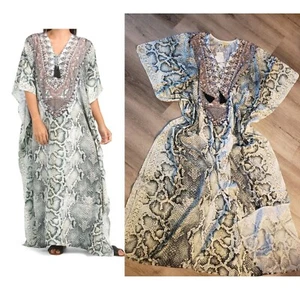 True Colours La Moda One Size snakeskin ivory green swimsuit cover up maxi dress - Picture 1 of 10