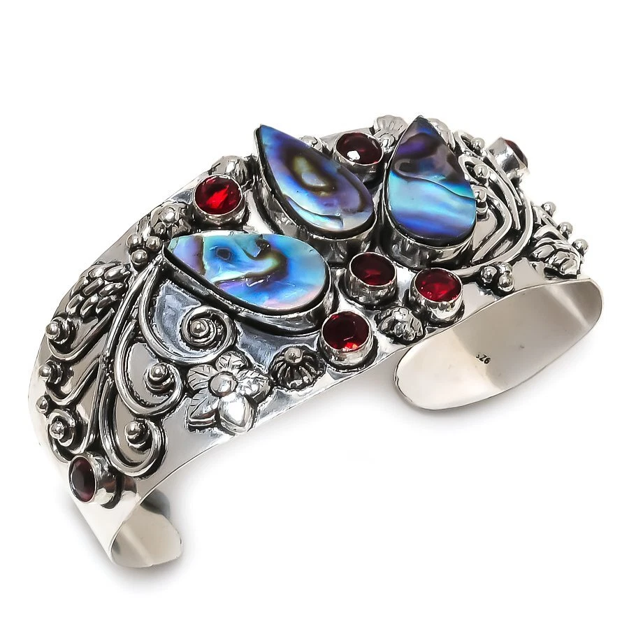 Brazalete ajustable con concha de abulón, piedras preciosas granate Q438 Foto 1 de 4