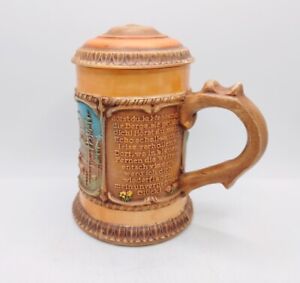 Vtg Hand Painted Mountain Scene German Poem Pottery Small Tankard Stein With Lid