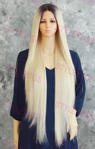 Extra Long Straight Lace Front Human Hair Blend Wig Rooted Light Blonde EVFN - Picture 1 of 8