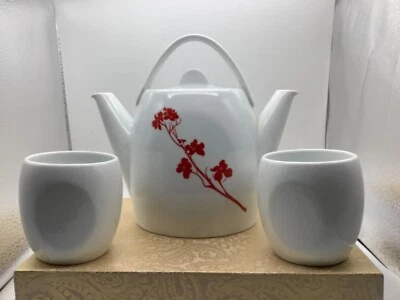 Marla Dawn Asian Porcelain Red Cherry Blossom Two for Tea Double Tea Pot w/cups - Image 1 of 4