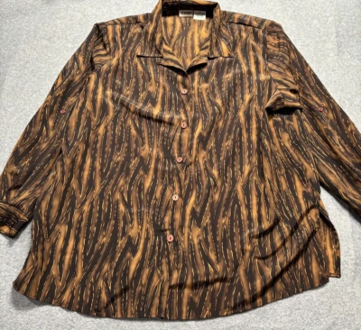 Blusa Top Liz Baker Mujer 2X Grande Marrón Estampado Animal Almohadillas para el Hombro Abotonadas Foto 1 de 4