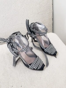 Altuzarra Women Sandals 36.5 Black Check Leather Fabric D'Orsay Heel Shoes US 6 - Picture 1 of 19