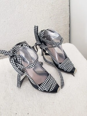 Altuzarra Women Sandals 36.5 Black Check Leather Fabric D'Orsay Heel Shoes US 6 - Image 1 of 4