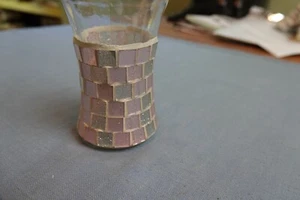 3”x3”x5” ROUND GLASS VASE DECORATED WITH 1/2" SPARKLY SQUARES SET IN MORTAR - Picture 1 of 3