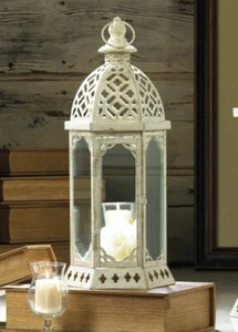 White 16" Distressed Moroccan Candle Lantern Lamp Centerpiece Terrace Home Decor - Picture 1 of 4