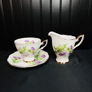 Royal Standard Scots Emblem Purple Thistle Saucer Cup Creamer Set England - Picture 1 of 8