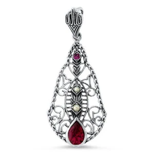 ANTIQUE STYLE 925 STERLING SILVER LAB-CREATED RUBY & PEARL FILIGREE PENDANT 483X - Picture 1 of 1