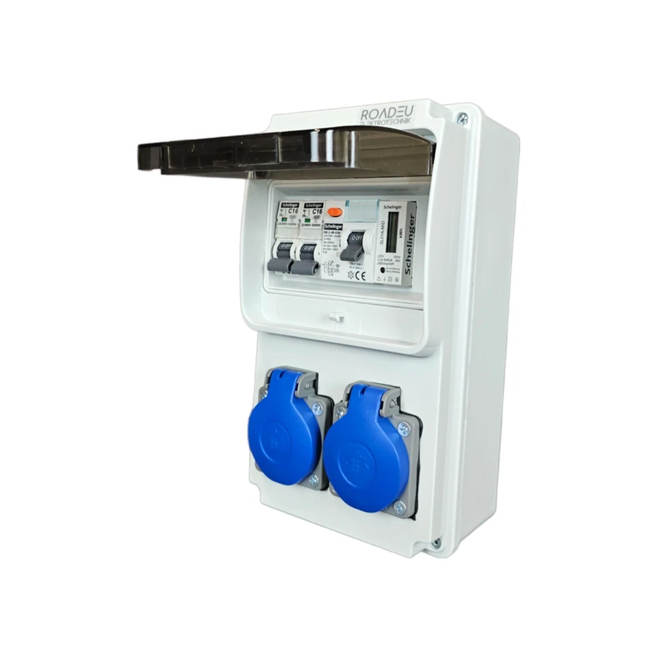 ROADEU Stromverteiler 230V mit Zähler, 2x Schuko, Baustromverteiler mit Stromzähler
