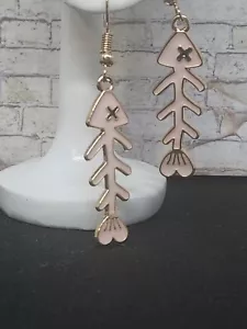 Fish Bone Earrings Cute Fun Novelty Dangle Earrings Light Pink & Gold-colored. - Picture 1 of 3
