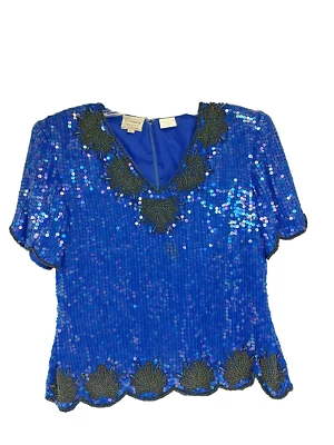 Vintage Stenay Blue Sequin Top Petite Large Black Beaded Floral Design Silk - Image 1 of 4