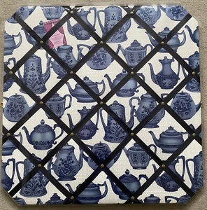 BN - blue TEA-POTS Fabric Notice Message Memo Board - 24” (60cm) x 24” (60cm) - Picture 1 of 5
