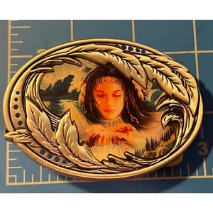 Belt Buckle Silver with feathers and native american woman inlay 3" Womens  - Picture 1 of 4