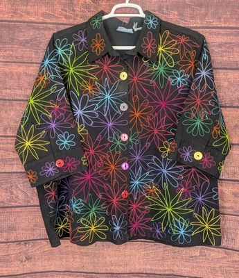 Liz & Me Womens Black Daisy Embroidered Jacket See Measurements!! 3X? - Image 1 of 4