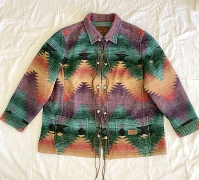 De Colección Ralph Lauren Lana Azteca Manta Chaqueta 3X Abrigo con Flecos del Suroeste Indio Foto 1 de 4