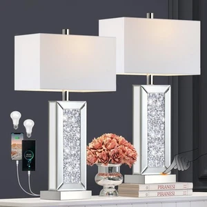 Modern Table Lamp Set of 2 Touch Control, Silver Mirror Big Diamond Crystal B... - Picture 1 of 8