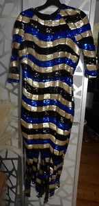 AKIRA SONG FOR YOUR SEQUIN GOLD, BLACK&BLUE FRINGED BODYCON MAXI DRESS (SZ: L) - Picture 1 of 5