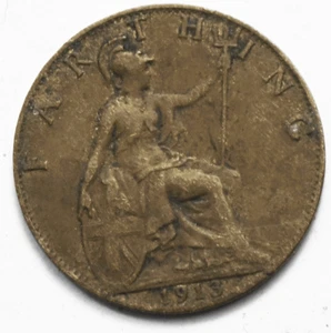 1913 1F Great Britain Farthing Bronze Coin - Picture 1 of 2