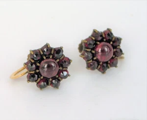 VTG BEAUTIFUL GOLD WASH CZECH BOHEMIAN FINE GARNET CABOCHON HALO EARRINGS SCREW - Picture 1 of 2