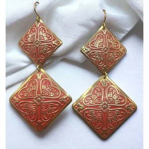 Allison Reed Floral Earrings Vintage Gold Tone Red Square Dangle Embossed - Picture 1 of 6