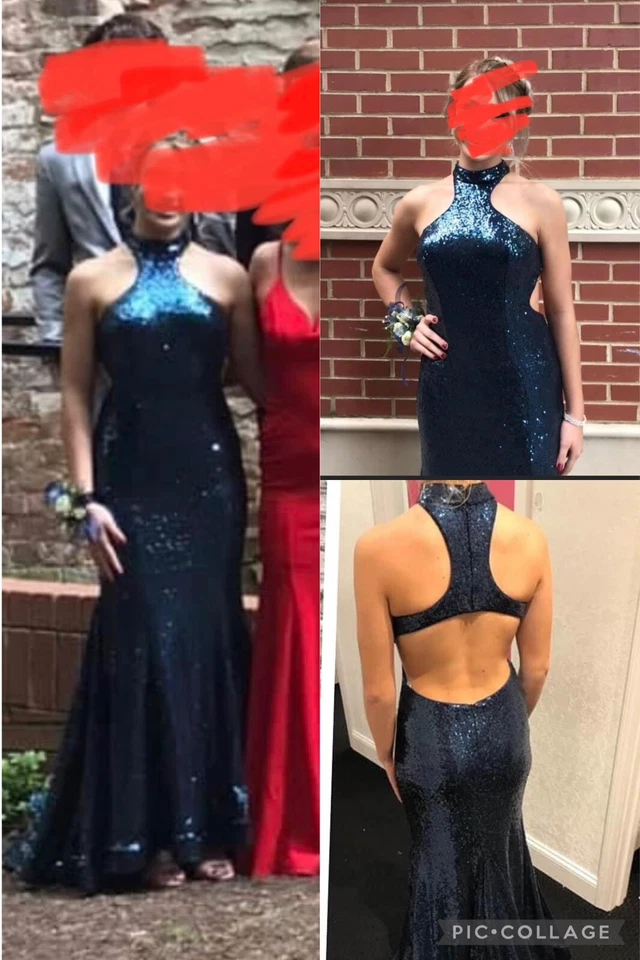 Vestido de graduación azul marino/lentejuelas reales cuello halter, sin espalda, tren sirena, talla 2 Foto 1 de 4