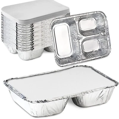 Disposable Aluminum Three Compartment oblong Foil Tray with Aluminum Lid - Image 1 of 4