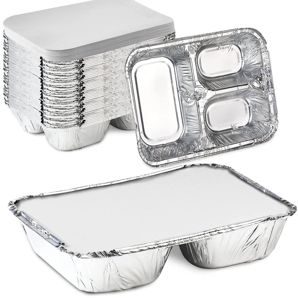 Disposable Aluminum Three Compartment oblong Foil Tray with Aluminum Lid - Image 1 of 4