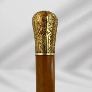 Antique Skinner Gold Plated Knob Handle Walking Stick Cane Light Brown - Picture 1 of 7