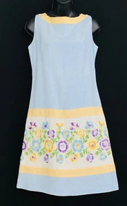 Vintage colorful floral embroidered dress, 1960 blue linen sleeveless shift S - Picture 1 of 11