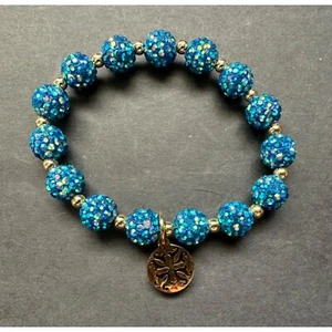 Rustic Cuff Bracelet Stretch EMERSON Blue with Gold Beads Gold Charms - Picture 1 of 5