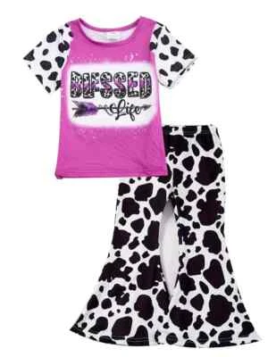 New Boutique Girls Cow Print Bell Pants Set Size 6 Blessed Short Sleeve Outfit - Image 1 of 4