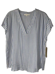 NWT Women’s Copper Key Top Size S Rayon Weave Banded V Neck Striped Cap Sleeves - Picture 1 of 13