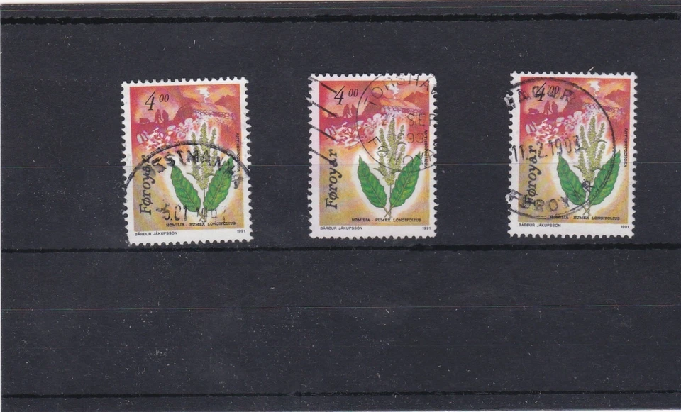 Faroe Islands - Northern dock (flower) - 3 used 4 krona stamps 1991 - Image 1 of 1