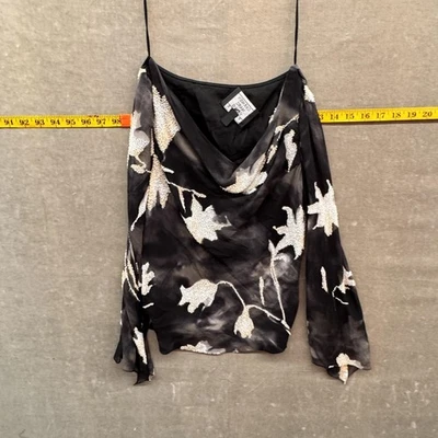 Carmen Marc Valvo Petite Shirt Womens 2P Black Beaded Floral Cowl Neck Sheer - Image 1 of 4