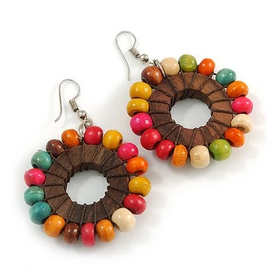 Wood Bead Hoop Earrings In Silver Tone/ Multi - 65mm Drop - Image 1 of 4