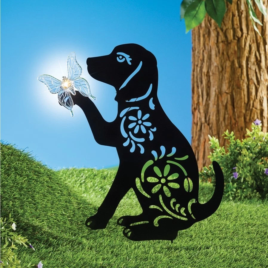 Solar Lighted Butterfly & Puppy Dog Shadow Silhouette Metal Garden Stake - Image 1 of 1